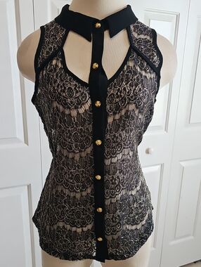 Enlin Lace Metallic Cutout Sleeveless Blouse Womens Size L Black Gold Ornate Y2K